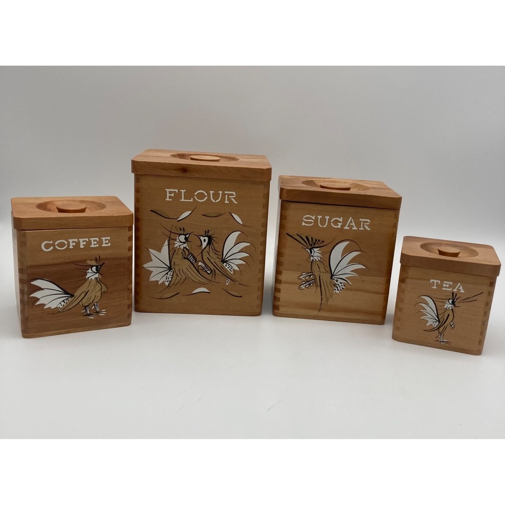 Vintage Wooden Nesting Canister Set Mid Century Rooster Bird Japan Flour Sugar